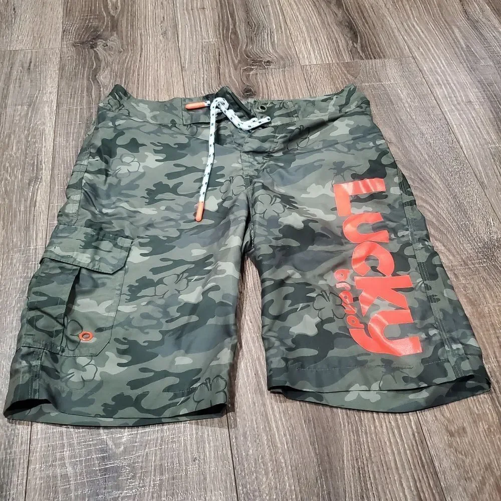 Boys Lucky Brand Swim Shorts Size 16 Green Camo Kids Swim Trunks